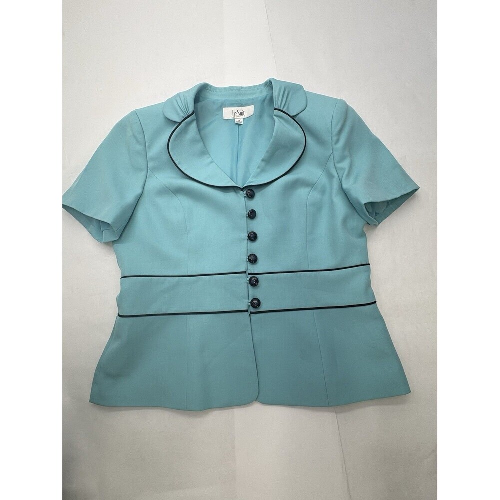 Le Suit Blazer Womens 10 Aqua Blue Short Sleeve Career Office Jacket Button Fron
